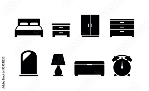 Home bedroom furniture: bed frame, nightstand, wardrobe, dresser, mirror, table lamp, storage bench, alarm clock