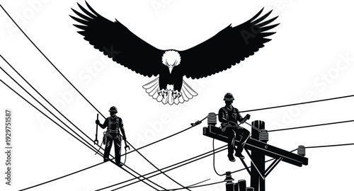 Two workers repairing power lines with a large eagle flying above them in a black and white