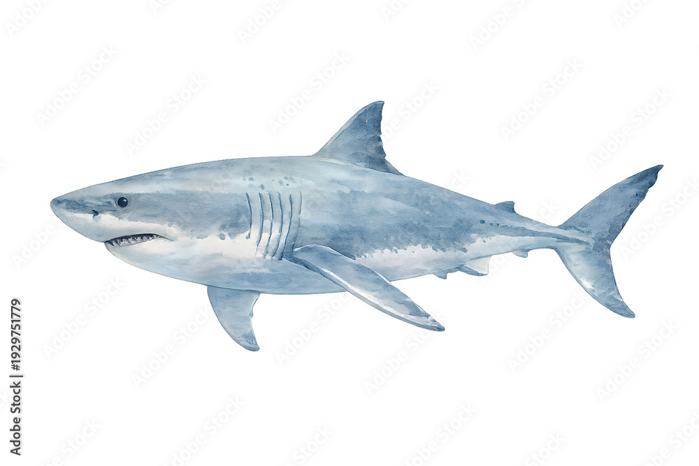Obraz premium Watercolor Great White Shark Isolated on Transparent Background