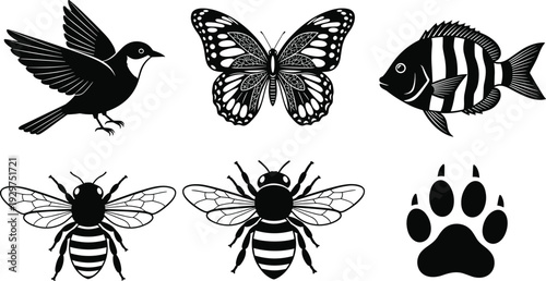 Black and white of a bird, butterfly, fish, bees, and paw print 1