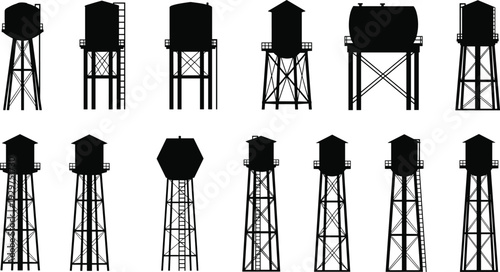 Ten black water towers with different structural on a white background industrial structures