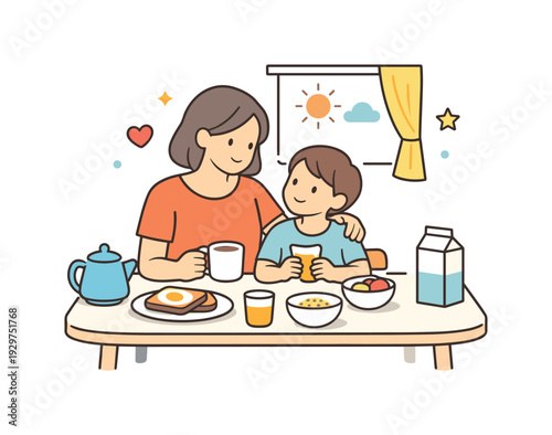 Peaceful family morning at home focused on shared routine and gentle closeness before daily activities, an adult and child sitting together at a small kitchen
