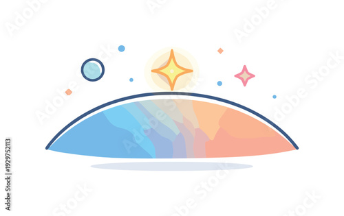 Calm anticipation before a new phase begins in life or work expressed through cosmic transition, a planet with a thin horizon line and a single star slowly