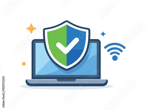 Secure remote access and flexible digital work environments emphasizing safety and mobility, a laptop protected by a shield and a small Wi-Fi symbol