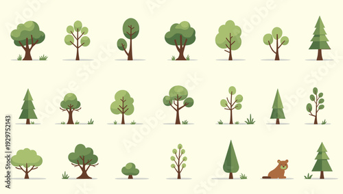 This simple, flat-design illustration of trees evokes a peaceful and natural mood. Ideal for backgrounds, website graphics, or children's materials.