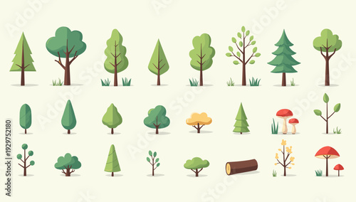 A clean, vector illustration of various trees conveys simplicity and natural beauty. Ideal for backgrounds, website graphics, or eco-friendly themed d