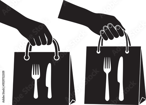 Hand holding shopping bag with cutlery image