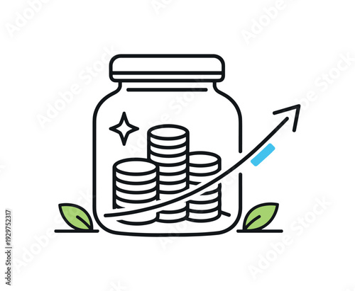 Personal financial discipline and long-term savings planning in everyday life management focused on stability, a closed jar with neatly stacked coins and a