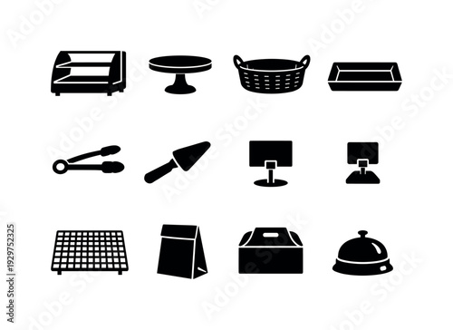 Bakery display equipment: display case, cake stand, bread basket, pastry tray, serving tong, cake server, price tag holder, label clip, cooling rack, paper bag,