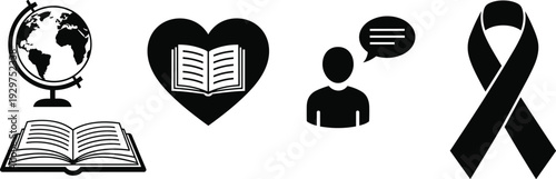 Black and white of a globe, open book, heart, person with speech bubble, and black ribbon