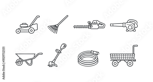 Garden landscaping items: lawn mower, garden rake, hedge trimmer, leaf blower, wheelbarrow, grass trimmer, watering hose, garden cart. . Thin consistent line