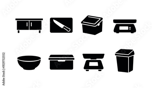 Commercial kitchen cold prep line: prep table, cutting board, chef knife, ingredient bin, food scale, mixing bowl, storage container, trash bin