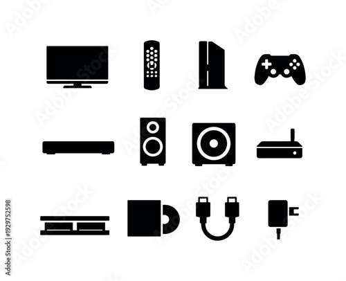 Home entertainment hardware: television, remote control, game console, controller, soundbar, speaker, subwoofer, streaming box, media shelf, disc case, HDMI
