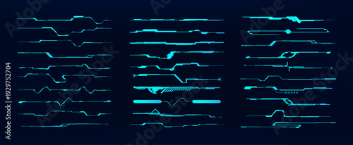  Futuristic HUD Line Dividers Neon Blue Sci-Fi UI Elements Set. Vector blue sci-fi HUD callouts titles, cyberpunk lines dividers and interface borders on dark background. UI callouts titles. Vector se