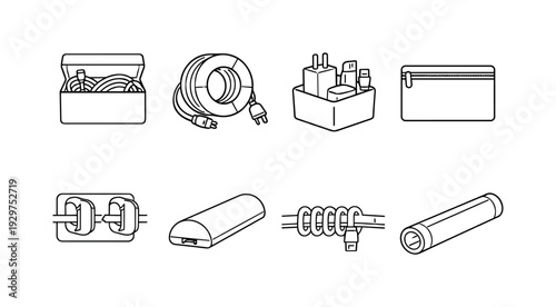 Home electronics cable storage: cable box, cable reel, adapter holder, zip pouch, wall clip, floor cover, cord organizer, storage tube. . Thin consistent line