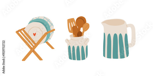 Eco Kitchen Utensils Set. Wooden Spoons, Ceramic Pitcher, Dish Rack, Scrub Brush, Apple Fruit Bowl, Plate. Cozy Home Collection Hand Drawn Vector