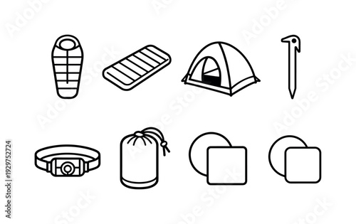 Outdoor camping sleeping gear: linear style sleeping bag, sleeping pad, camping pillow, tent, ground stake, headlamp, stuff sack, repair patch