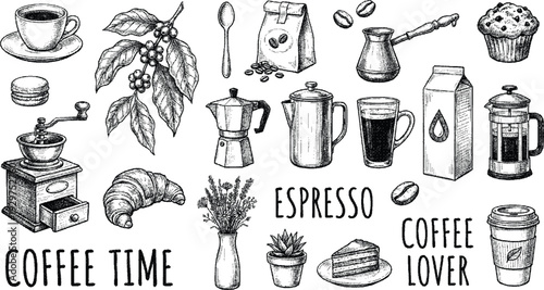 Black and white hand drawn coffee elements set with espresso, grinder, beans and sweet pastries.