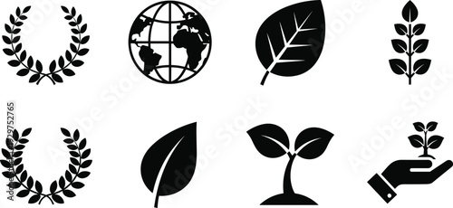 Black and white of laurel wreaths, globe, leaves, and hand holding a plant leaf