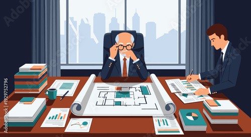 Two dedicated businessmen meticulously review architectural blueprints and financial documents, strategizing complex projects within a modern corporate office environment.