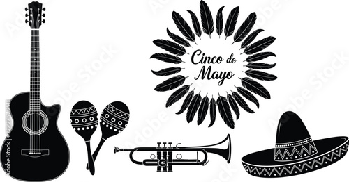 Black and white of musical instruments and sombrero with cinco de mayo text guitar maracas 1 trumpet