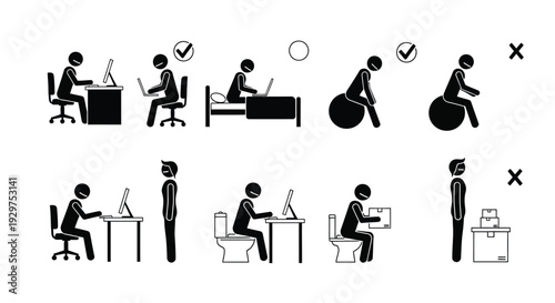 Stick figure icons illustrating correct and incorrect posture for various daily activities and work situations