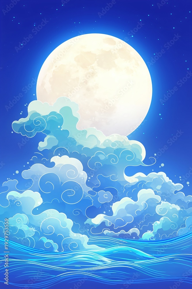 Fototapeta premium White full moon with clouds in the night sky vector. Ocean waves under mystic moonlight. Celestial nature scene for graphic design.