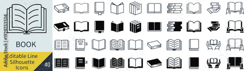 Comprehensive collection of forty book icons in editable line and solid silhouette styles for educational design