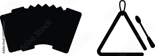 Black silhouette of a traditional musical accordion and a metal percussion triangle with a striker representing acoustic folk rhythm and a lively festive melody.