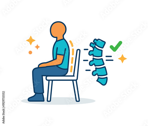Daily body comfort and posture awareness during ordinary home activities, a simple chair paired with a spine icon symbolizing ergonomic sitting and physical