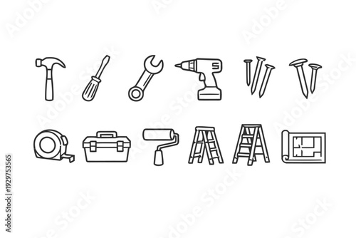 Construction and DIY tools hammer screwdriver wrench drill nails tape measure toolbox paint roller ladders and blueprint