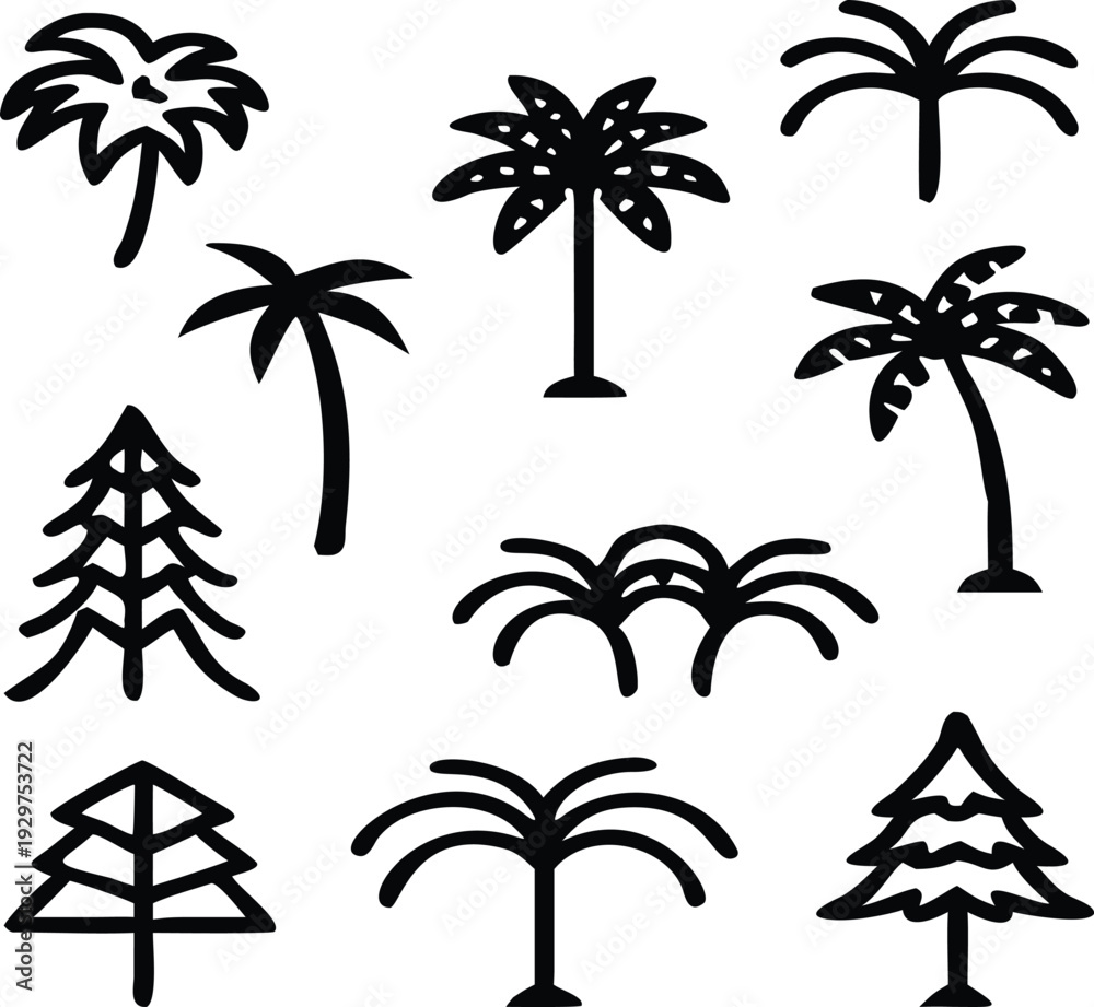 Fototapeta premium Tropical and Pine Tree Vector Set Cartoon & Silhouette 2D Game Assets