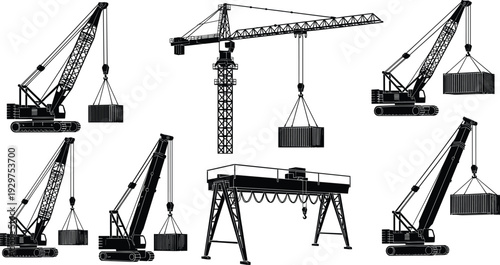 Various types of cranes in black and white line construction machinery lifting heavy equipment