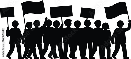 Black silhouette of a large crowd of people walking in a peaceful protest march holding blank signs and flags fighting for human rights and global social justice.