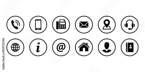 Contact information icons, communication and connection symbols for business and personal use