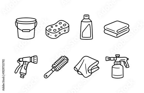 Automotive car wash tools: linear style wash bucket, sponge, car shampoo bottle, microfiber towel, hose nozzle, wheel brush, drying chamois, foam sprayer