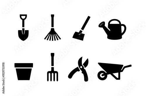Outdoor garden essentials: shovel, rake, hoe, watering can, plant pot, garden fork, pruning shear, wheelbarrow