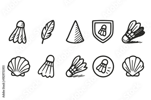 Doodle icons of badminton shuttlecocks feather cone shield and seashells