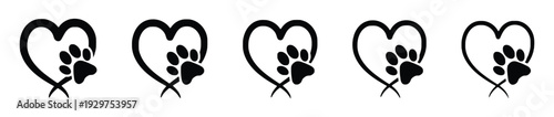 Dog paw heart icon set, love for pets and animals symbol