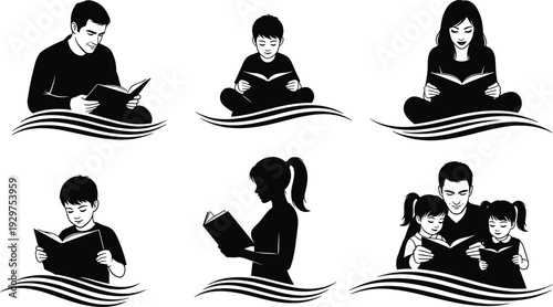 Six black and white of people reading books in different settings