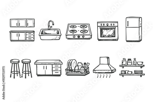 Doodle style kitchen appliances and furniture for interior design