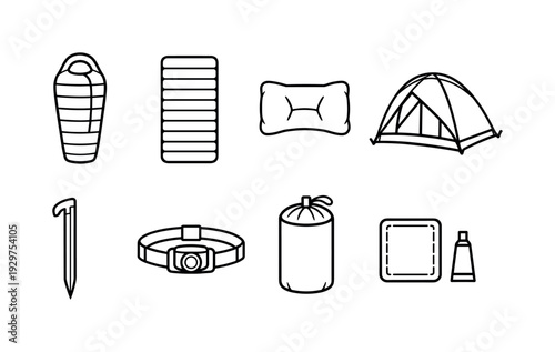 Outdoor camping sleeping gear: linear style sleeping bag, sleeping pad, camping pillow, tent, ground stake, headlamp, stuff sack, repair patch