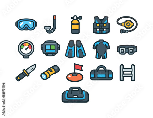 Scuba diving equipment: diving mask, snorkel tube, oxygen tank, buoyancy vest, regulator hose, pressure gauge, dive computer, swim fins, wetsuit, weight belt,