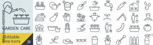 Editable line icons for garden care and planting