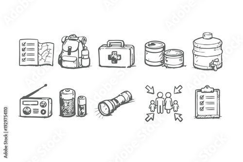 Emergency preparedness and survival kit icons for disaster situations
