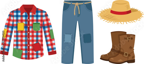 Traditional farmer clothing set with colorful patched plaid shirt blue denim jeans straw hat and brown leather boots representing rustic rural agriculture lifestyle.