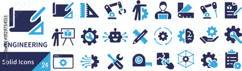 Engineering solid icons set for industrial and technical design