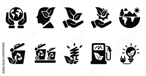 Environmental icons set, symbolizing green energy and ecological responsibility