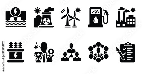 Energy icons set, hydroelectric dam, nuclear power, wind turbines, gas pump, factory