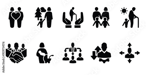 Family groups icons set, representing different relationships and generations